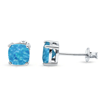 Cushion Stud Earring Solitaire Lab Created Blue Opal 925 Sterling Silver Wholesale